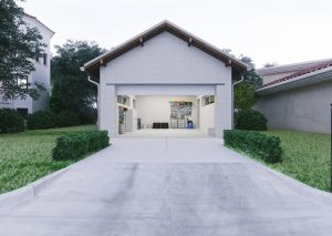 a beautiful garage with concrete driveway at Gladstone Concreters